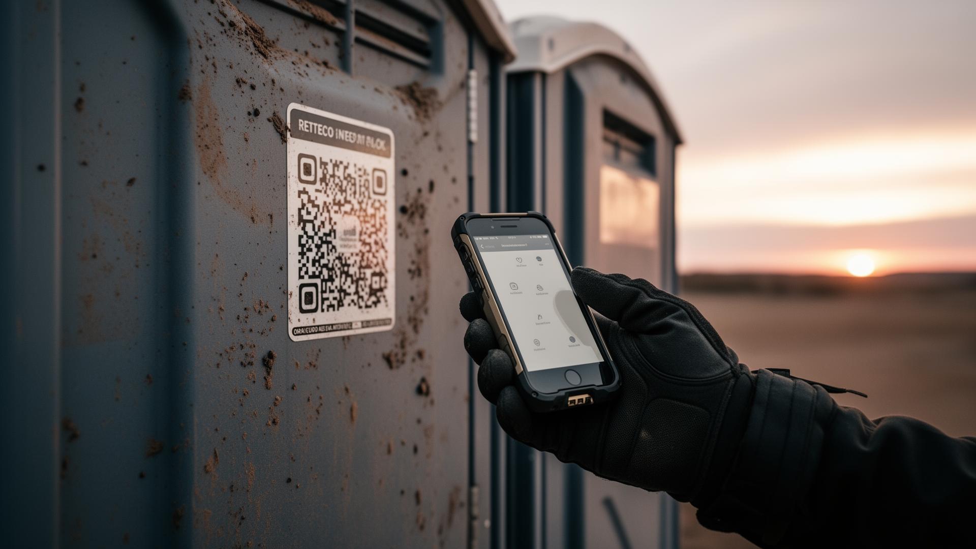 A gloved driver hand scanning a QR code on a portable toilet with a rugged phone
