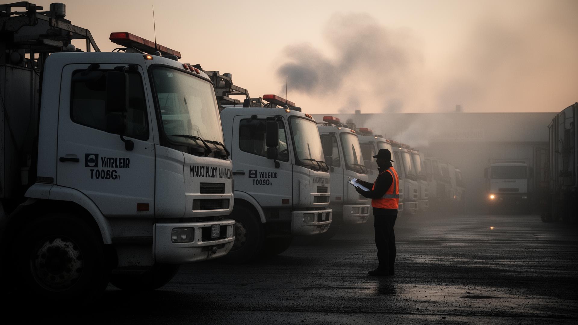 A dispatcher checking service trucks in a foggy yard at dawn